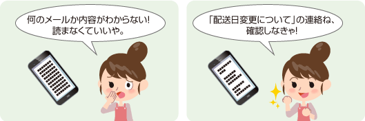 左：「何のメールか内容がわからない！読まなくていいや。」右：「配送日変更についての連絡ね、確認しなきゃ！」