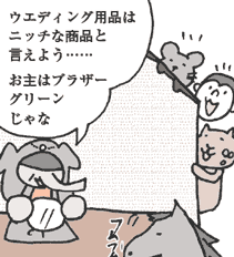 ぞうむらさん「ウエディング用品はニッチな商品と言えよう……。お主はブラザーグリーンじゃな」