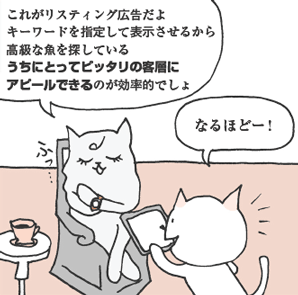 ネコミヤさん「これがリスティング広告だよキーワードを指定して表示させるから、高級な魚を探しているうちにとってピッタリの客層にアピールできるのが効率的でしょ」
ねこいわ君「なるほどー！」