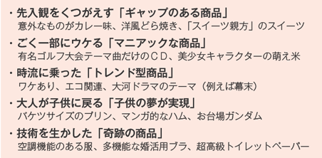 ・先入観をくつがえす「ギャップのある商品」
意外なものがカレー味、洋風どら焼き、「スイーツ親方」のスイーツ
・ごく一部にウケる「マニアックな商品」
有名ゴルフ大会テーマ曲だけのCD、美少女キャラクターの萌え米
・時流に乗った「トレンド型商品」
ワケあり、エコ関連、大河ドラマのテーマ（例えば幕末）
・大人が子供に戻る「子供の夢が実現」
バケツサイズのプリン、マンガ的なハム、お台場ガンダム
・技術を生かした「奇跡の商品」
空調機能のある服、多機能な婚活用ブラ、超高級トイレットペーパー