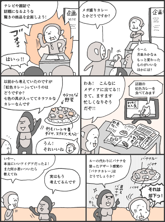 さるやまさん「テレビや雑誌で話題になるような驚きの商品を企画しよう！」
社員「はいっ！！　メガ盛りカレーとかどうですか？」
さるやまさん「月並みかなぁ。もっと変わったものがいいなほかには？」
ゴリ男君「以前から考えていたのですが「虹色カレー」っていうのはどうですか？　七色の具が入っててカラフルなカレーなんです」
さるやまさん「うん！　それいいね。わあ！　こんなにメディアに出てる！！　さて、ますます忙しくなりそうだぞ！！」
テレビ「話題の虹色カレーを食べてみます」
さるやまさん「いやー、本当にいいアイデアだったよ！また何か思いついたら教えてね」
ゴリ男君「実はもう考えてるんです。ルーの代わりにバナナを使ったデザート感覚の「バナナカレー」はどうでしょうか？」
さるやまさん「うーんそれは却下っ！」