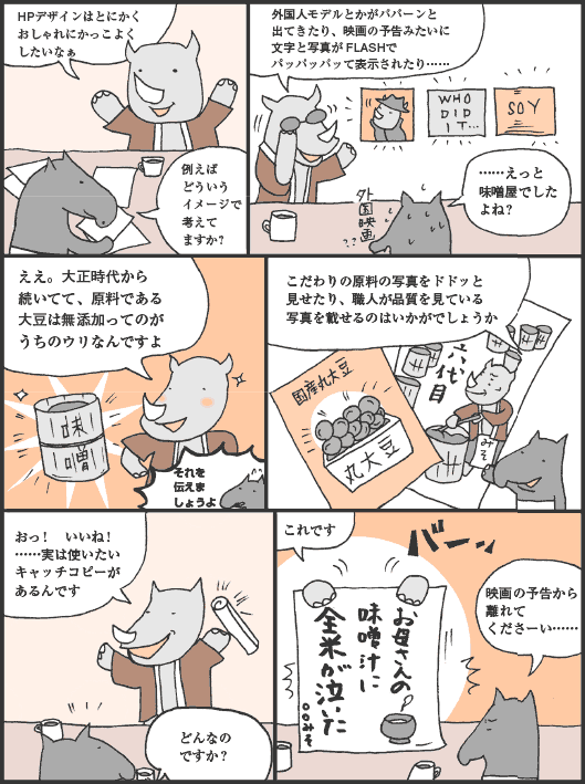 さいとうさん「HPデザインはとにかくおしゃれにかっこよくしたいなぁ」
ゆめのさん「例えばどういうイメージで考えてますか？」
さいとうさん「外国人モデルとかがババーンと出てきたり、映画の予告みたいに文字と写真がFLASHでパッパッパッて表示されたり……」
ゆめのさん「……えっと、味噌屋でしたよね？」
さいとうさん「ええ。大正時代から続いてて、原料である大豆は無添加ってのがうちのウリなんですよ」
ゆめのさん「それを伝えましょうよ。こだわりの原料の写真をドドッと見せたり、職人が品質を見ている写真を載せるのはいかがでしょうか」
さいとうさん「おっ！　いいね！　……実は使いたいキャッチコピーがあるんです」
ゆめのさん「どんなのですか？」
さいとうさん「これです「お母さんの味噌汁に全米が泣いた」」
ゆめのさん「映画の予告から離れてくださーい……」