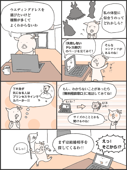 ぶたはらさん「ウエディングドレスを選びたいけど種類が多くてよくわからないわ。私の体型に
似合うのってどれかしら？」
パソコン「「失敗しないドレス選び」のページを見てみて！」
ぶたはらさん「そんなコンテンツがあるのね！　下半身が気になる人はプリンセスラインでカバーかー！！」
パソコン「もし、わからないことがあったら「無料相談窓口」に電話してみてね！」
ぶたはらさん「サイズのこととかも聞けるのね！　よしっ！　まずは結婚相手を探してくるわ！！
パソコン「えっ！　そこから！？