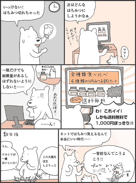 くまがいさん「いっけない！　はちみつ切れちゃった。次はどんなはちみつにしようかなぁ。一瓶だけでも結構量があるしはずれないようにしないと…………ん！　わ！ これイイ！　しかも送料無料で1,000円ぽっきり！！」
数日後
くまがいさん「うん、アカシアが一番おいしいわ！　この大瓶を注文しようっと。ネットではちみつ買えるなんて本当にいい時代……。一昔前なんてこうよこう！！」
