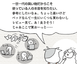 うしださん「社長！ そんなのもったいないですっ！　一世一代の買い物だからこそ、使っている人の本音を知りたい、参考にしたいなぁ、ちょっと高いけどベッドなんて一生にいくつも買わないし、レビュー見て、あ！良さそう！　じゃあここで買おーっと……」