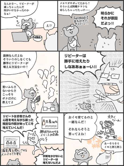 たぬかわ君「なんかさー、リピーターが減っちゃったんだ何がいけなかったのかなぁ？」
きつねやま君「え！？」
たぬかわ君「メルマガサボってたから？　そういえば同梱チラシも切らしちゃってたっけ……」
きつねやま君「明らかにそれが原因だよっ！！」
たぬかわ君「面倒なんだよね。そういうのしなくても勝手にリピーターが増える方法ないの？　言いふらさないからさこっそりボクだけに教えてよ」
きつねやま君「リピーターは勝手に増えたりしなああぁぁーい！！　リピートはお客さんの心理を考えながら練った緻密な作戦があってこそ増えていくんだ！　手間をかけないとリピーターは増えないんだよ」
たぬかわ君「おイモ育てるのと一緒なんだ！　それならそうと言ってよね！」
きつねやま君「あーそうそうイモと同じ同じ」