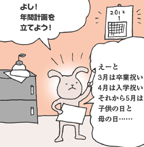 うさもりさん「よし！　年間計画を立てよう！　えーと、3月は卒業祝い、4月は入学祝い、それから5月は子供の日と母の日……」