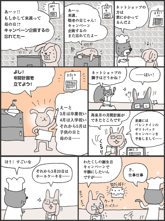 うさもりさん「あーッ！！　もしかして来週って母の日！？　キャンペーン企画するの忘れてたー」
うさもりさん「あーっ、来週、敬老の日じゃん！　キャンペーン企画するのまた忘れてたよー」
おおくまさん「ネットショップの方は君にかかってるんだよ」
うさもりさん「よし！　年間計画を立てよう！　えーと、3月は卒業祝い、4月は入学祝い、それから5月は子供の日と母の日……」
おおくまさん「ネットショップの調子はどうかね？」
うさもりさん「……はい！　再来月の月間計画ができたところです。来週にはバレンタインのギフトパックキャンペーンを予告しまして……」
おおくまさん「ほう！ すごいな」
うさもりさん「それから3月20日はホールケーキを……。わたくしの誕生日キャンペーンで半額にしたいんですが……」
おおくまさん「さ、仕事仕事」