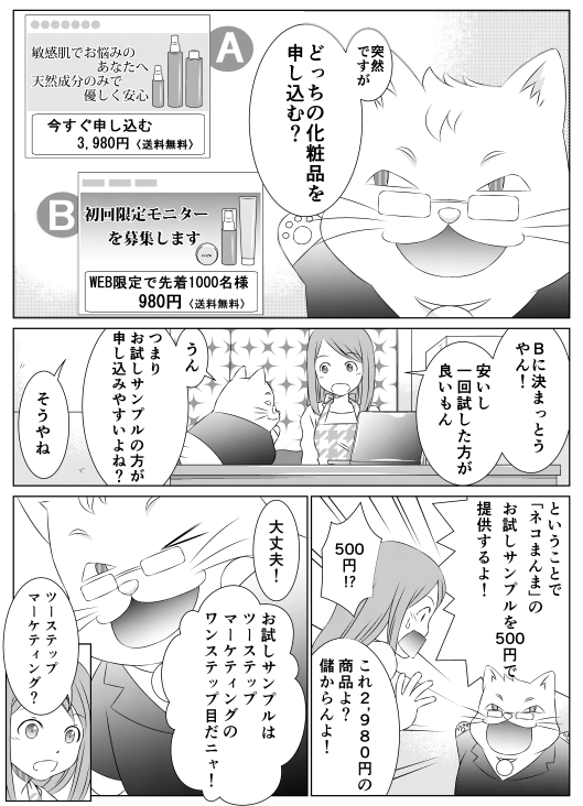 レオレオ「突然ですが　どっちの化粧品を申し込む？」
香菜「サンプルに決まっとうやん！　安いし安いし一回試した方が良いもん」
レオレオ「うん、つまりお試しサンプルの方が申し込みやすいよね？」香菜「そうやね」
レオレオ「ということで、「ネコまんま」のお試しサンプルを500円で提供するよ！」香菜「500円！？これ2,980円の商品だよ？　儲からんよ！」レオレオ「大丈夫！　お試しサンプルはツーステップマーケティングのワンステップ目だニャ！」香菜「ツーステップマーケティング？」