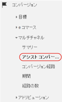 左メニューの コンバージョン ＞ マルチチャネル ＞ アシストコンバージョンをクリック