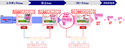 【B】レスポンスステージ：広告→広告専用ランディングページ
引き上げステージ；メルマガ→引上専用ランディングページ→本商品初回購入→
リピートステージ：リピート専用ランディングページ