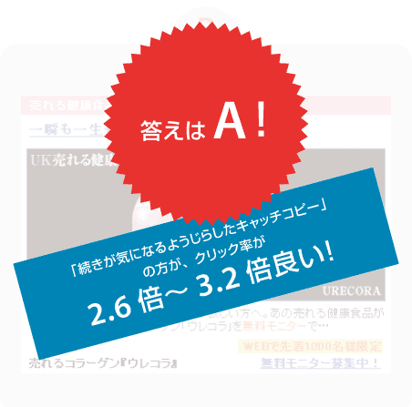 答えはA！「続きが気になるようなじらしたキャッチコピー」の方がクリック率が2.6倍～3.2倍良い！