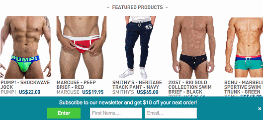「Daily Jocks」はサイトの各ページに「メールマガジンの利用者には10ドル割引」などと書いたポップアップを設けている