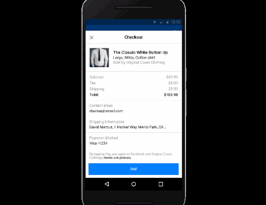 FacebookがECプラットフォーム化になる？ FBメッセンジャーの買い物機能を解説 メッセンジャー内での決済イメージ