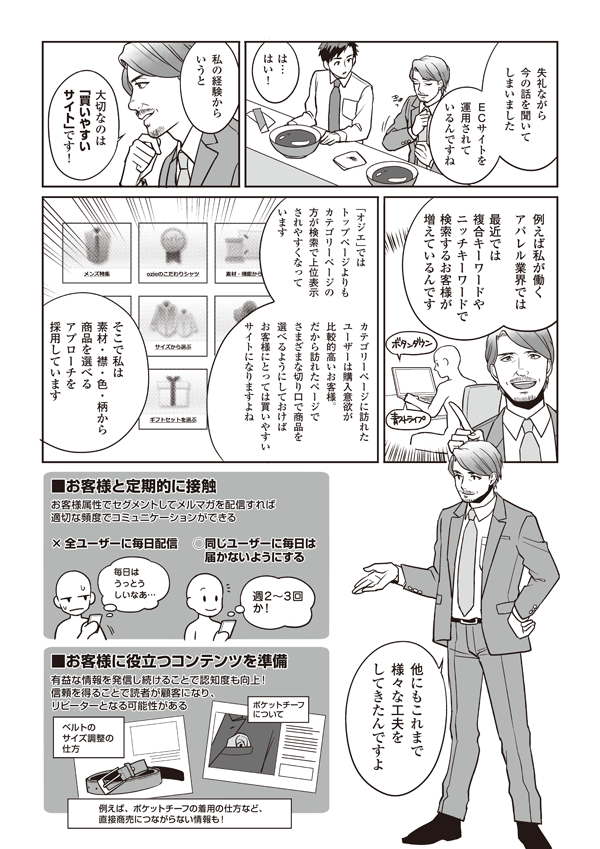 失礼ながら今の話を聞いてしまいました。ECサイトを運用されているんですね。
は…はい！
私の経験からいうと、大切なのは「買いやすいサイト」です！　例えば私が働くアパレル業界では最近では複合キーワードやニッチキーワードで検索するお客様が増えているんです。「オジエ」ではトップページよりもカテゴリーページの方が検索で上位表示されやすくなっています。
カテゴリーページに訪れたユーザーは購入意欲が比較的高いお客様。
だから訪れたページでさまざまな切り口で商品を選べるようにしておけばお客様にとっては買いやすいサイトになりますよね
そこで私は素材・襟・色・柄から商品を選べるアプローチを採用しています
他にもこれまで様々な工夫をしてきたんですよ
■お客様と定期的に接触
お客様属性でセグメントしてメルマガ配信すれば適切な頻度でコミュニケーションができる
■お客様に役立つコンテンツを準備
有益な情報を発信し続けることで認知度も向上！ 信頼を得ることで読者が顧客になり、リピーターとなる可能性がある
週2～3回か！
ポケットチーフについて
毎日はうっとうしいなあ…
ベルトのサイズ調整の仕方
例えば、ポケットチーフの着用の仕方など、直接商売に繋がらない情報も！