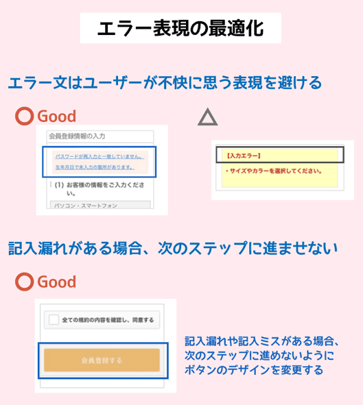 エラー表現の最適化
エラー文はユーザーが不快に思う表現を避ける
記入漏れがある場合、次のステップに進ませない
記入漏れや記入ミスがある場合、次のステップに進めないようにボタンのデザインを変更する