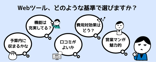予算内に収まるかな
機能は充実してる？
口コミがよいか
費用対効果はどう？
営業マンが魅力的
Webツール、どのような基準で選びますか？