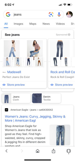 グーグルのショッピング・ショーケース広告の例