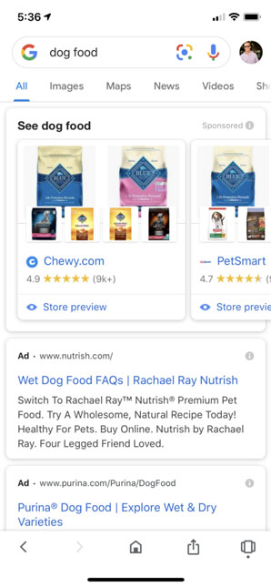 グーグルのショッピング・ショーケース広告の例