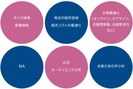 ボイス検索／画像検索
商品の販売価格／販売コストの最適化
在庫最適化（オンライン、オフライン、店舗間移動、店舗発送先など）
MA
広告／オーディエンス分析
お客さまの声分析