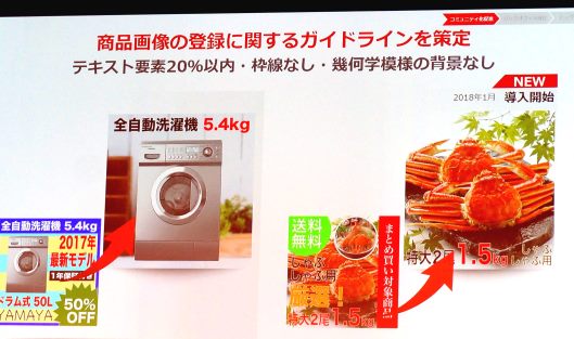 楽天は2018年1月、「テキスト要素20%以内」「枠線なし」「幾何学模様の背景なし」とする商品画像登録ガイドラインを策定