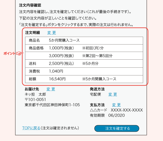 注文内容確認注文内容を確認し、注文を確定してください（これが最後の手続きです）。下記の注文内容が正しいことを確認してください。「注文を確定する」ボタンをクリックするまで、実際の注文は行われません。注文明細　変 更　商品名	5か月間購入コース　商品価格 1,000円（税抜）	※初回（月）分	3,000円（税抜）	※第2回～第5回分　送料	2,500円（税込）	※5か月分　消費税 1,040円　総額	16,540円	※5か月間購入コースお届け先　　変 更ネッ担　太郎〒101-0051東京都千代田区神田神保町1-105発送方法宅配便　　変更支払方法　　変更△△カード　XXXX-XXX-XXXX有効期限　06/2020TOPに戻る（注文は確定されません）注文を確定する