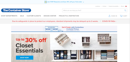 「The Container Store」はサイトのトップページで道端受け取りを推奨するバナーを掲載
