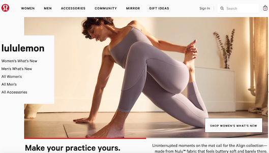 Lululemonのサイトトップページ