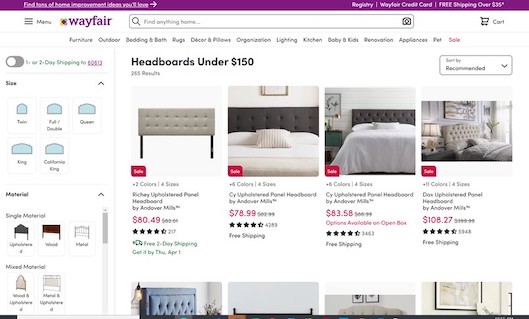 ビジュアルイメージを使って検索効果を高めている「Wayfair」