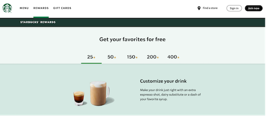 「STARBUCKS」のリワードプログラム案内ページ