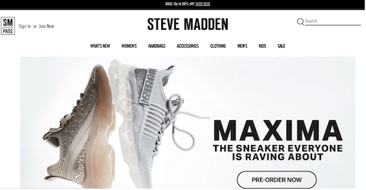 「Steve Madden」のサイトトップページ