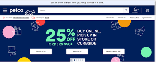 カーブサイドピックアップを利用すると25%オフが適用されることを謳っている「Petco」のECサイト