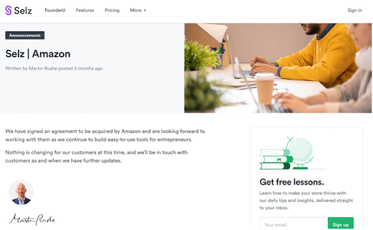 「Selz」のサイトのなかでAmazonによる買収について言及しているページ