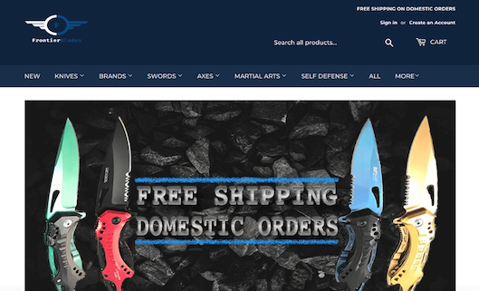 「Frontier Blades」のトップページ。「送料無料」を強調