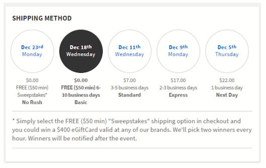 Gapの”ゆっくり配送”オプション。6～10営業日以降の配送日を選択すると、送料無料（50ドル以上の購入が必要）オプションの他、数百ドル相当のギフトカードが当たるキャンペーンに参加できる