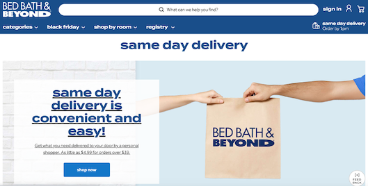「Bed Bath & Beyond」の当日配送案内ページ