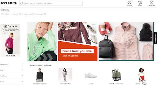 Kohl'sのアスレジャー商品紹介ページ