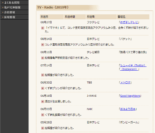 船橋屋のコーポレートサイトで掲載されているメディア露出情報