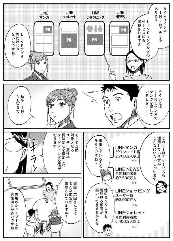 タイムラインやLINE NEWSもあります　LINEマンガなどのサービスにも掲載されますよ
LINEアプリ内だけじゃないんですね！
そういえばLINEマンガでマンガを探しているときに…
私もLINE NEWSで…
どのLINEサービスも活用している方がこんなにいらっしゃいます
併用している人も多そうですね〜
他のSNSより断然見る頻度が高いって言えるかもな
そして当然対象となるよろしくお願いします。ユーザー属性や興味関心を指定したターゲティング配信ができます　実際に広田さんにはどんな広告が表示されていますか？
男用のシャンプーとか　男性向けが多いですね
