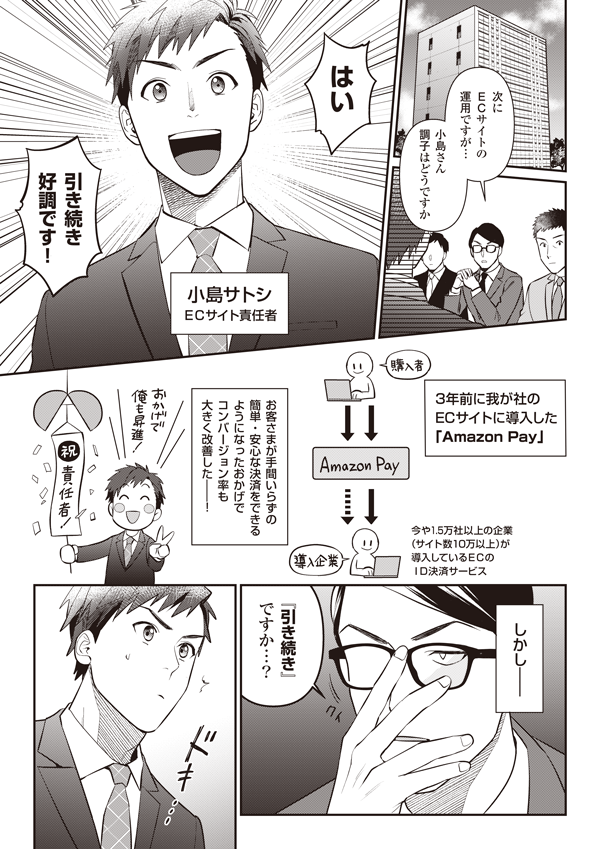 次にECサイトの運用ですが　小島さん、調子はどうですか
はい　引き続き好調です！（小島サトシ ECサイト責任者）
3年前に我が社のECサイトに導入した「Amazon Pay」
今や1.5万社以上の企業（サイト数10万以上）が導入しているECのID決済サービス
お客さまが手間いらずの簡単・安心な決済をできるようになったおかげでコンバージョン率も大きく改善した！
しかし　『引き続き』ですか……？