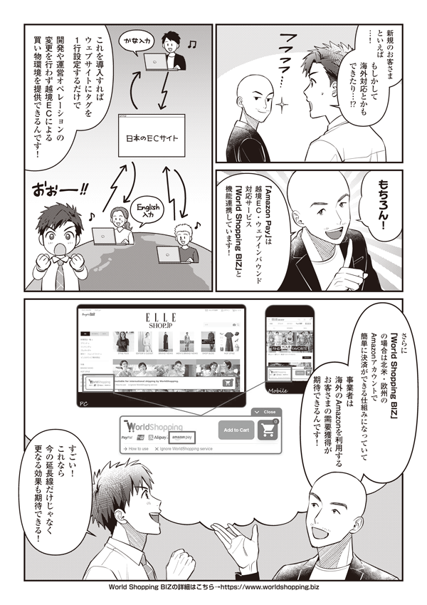 新規のお客さまといえばもしかして海外対応とかもできたり!?
もちろん！ Amazon Payは越境EC・ウェブインバウンド対応サービスWorld Shopping BIZと機能連携しています！
これを導入すればウェブサイトにタグを1行設定するだけで　開発や運営オペレーションの変更を行わず越境ＥＣによる買い物環境を提供できるんです！
さらにWorld Shopping BIZの場合は北米・欧州のAmazonアカウントで簡単に決済ができる仕組みになっていて　事業者は海外のAmazonを利用するお客さまの需要獲得が期待できるんです！
すごい！　これなら今の延長線だけじゃなく更なる効果も期待できる！