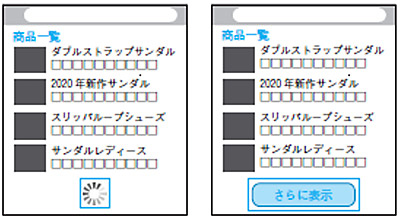 無限スクロール（左）と「さらに表示」（右）