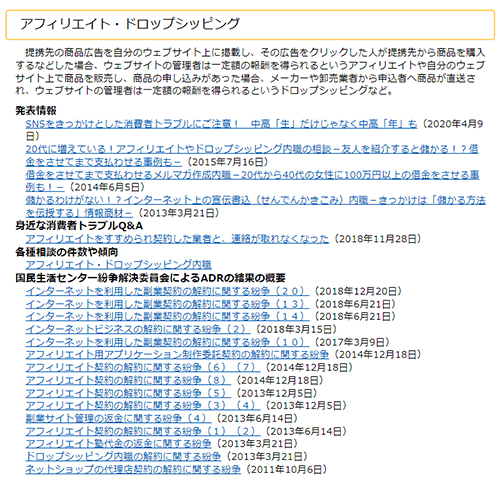 通販新聞 アフィリエイト広告規制 PIO-NETに掲載されているアフィリエイトトラブル事例