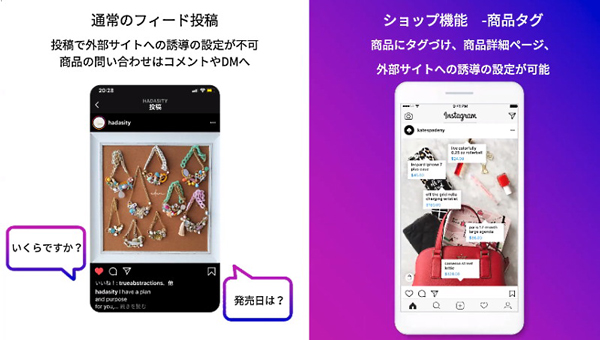 通常のフィード投稿と商品タグを付けた投稿について