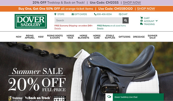 価格で勝負しない方針を掲げるDover SaddleryのECサイト（画像はDover SaddleryのECサイトからキャプチャ）