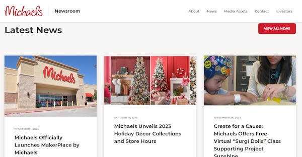 The Michaels Companies Inc.のコーポレートサイト（画像は編集部がサイトからキャプチャ）