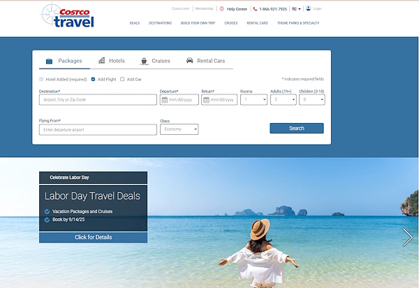 「Costco Travel」のトップページ（画像はサイトから追加）