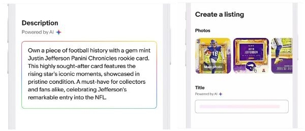 写真をアップロードすると、生成AIツールがタイトルを提案したり、製品の説明を自動で作成したりする