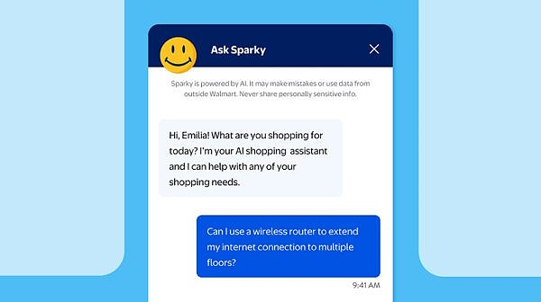 WalmartのAIアシスタント「Sparky」による顧客とのチャット例。AIアシスタントにはECサイト内の「Ask Sparky」ボタンやモバイルアプリからアクセスできる （画像提供： Walmart）