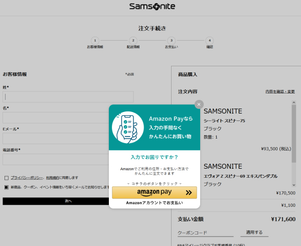 「サムソナイト」での「Web接客型Amazon Pay」ポップアップのイメージ